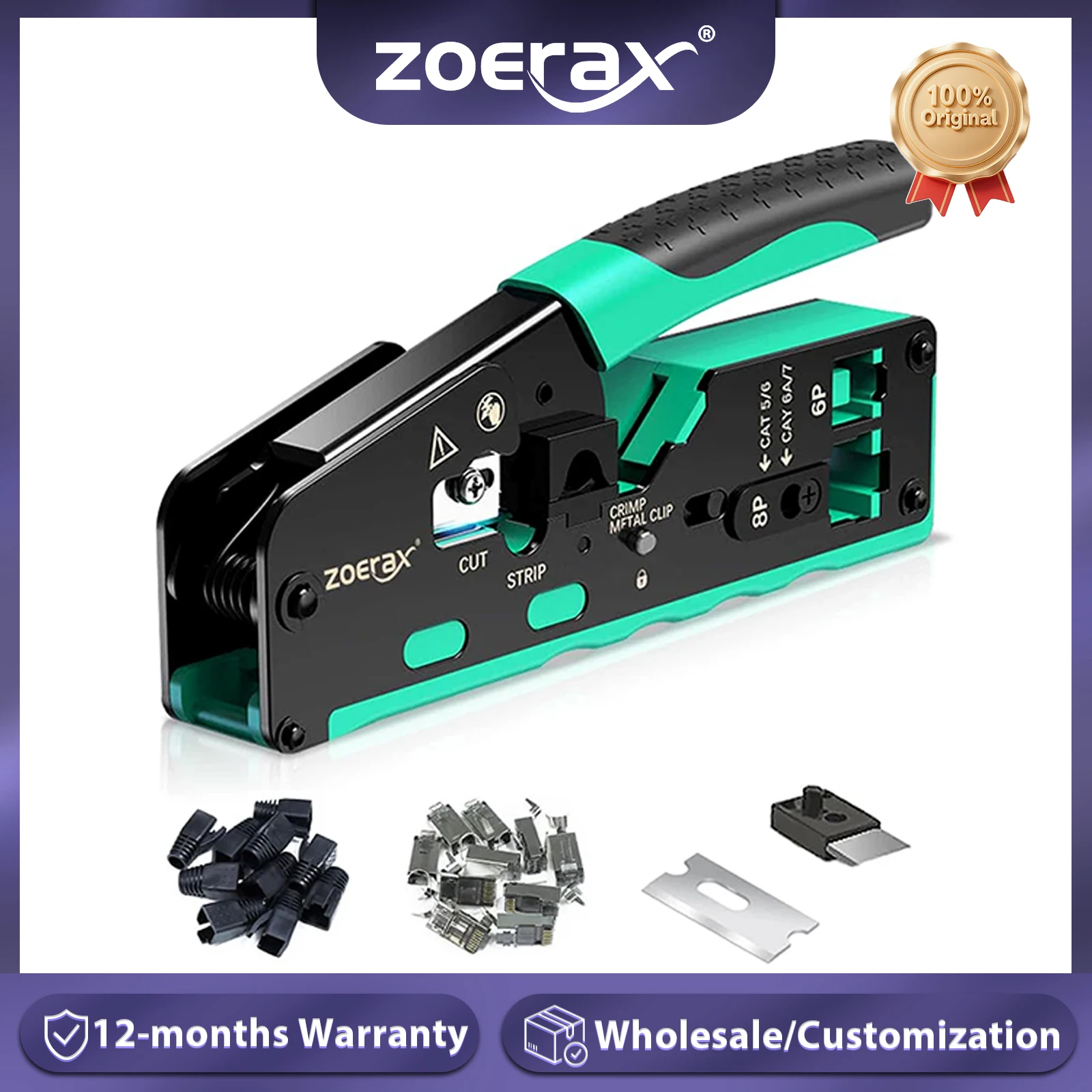 

ZoeRax Pass Through RJ45 Crimp Tool with 10PCS Cat7 Connectors and Strain Relief Boots, Ethernet Wire Cutter Crimper