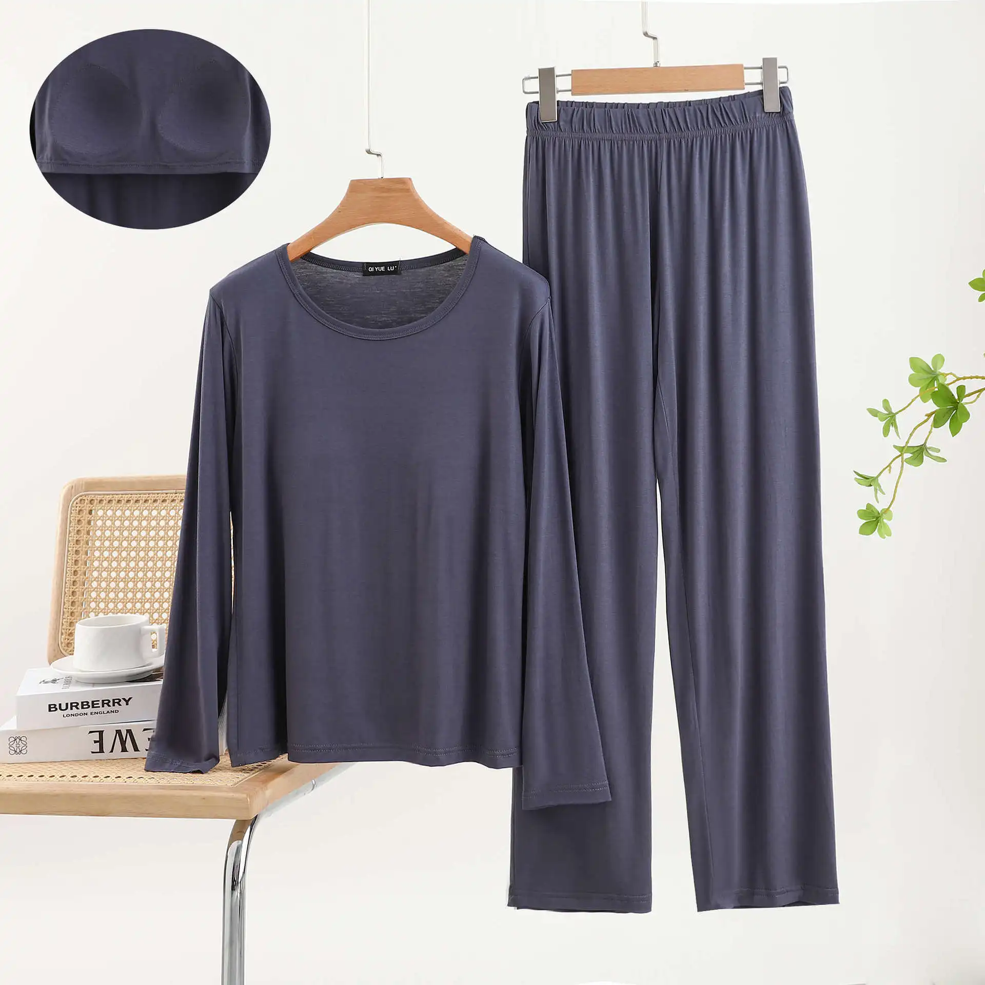Modal Spring and Autumn Round Neck Long Sleeved Pajamas Women's Chest and Loose Large Size Sleepwear Homewear Student Nightwear