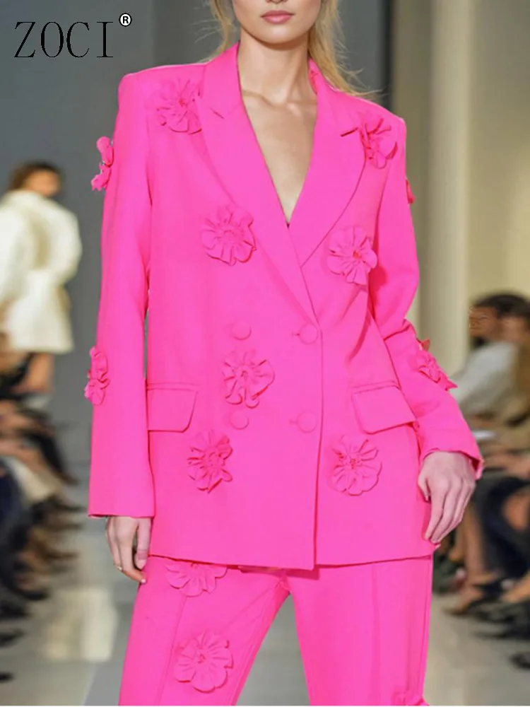 

ZOCI Fashion Designer Women's Suit Jackets 3D Flower Female Blazers Notched Collar Runway Look Long Sleeve Coats 2024 Winter New