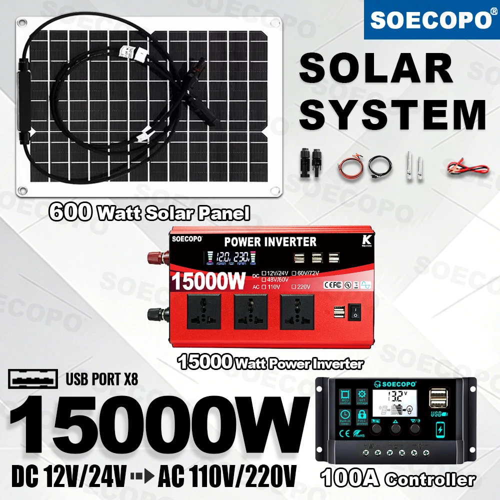 15000W Solar-Kit für Zuhause mit Batterie |   Flexibles Solar |   100A Controller 220V/110V Wechselrichter (1400W Nennleistung) für Wohnmobil/Fischerei/Auto/Zelt