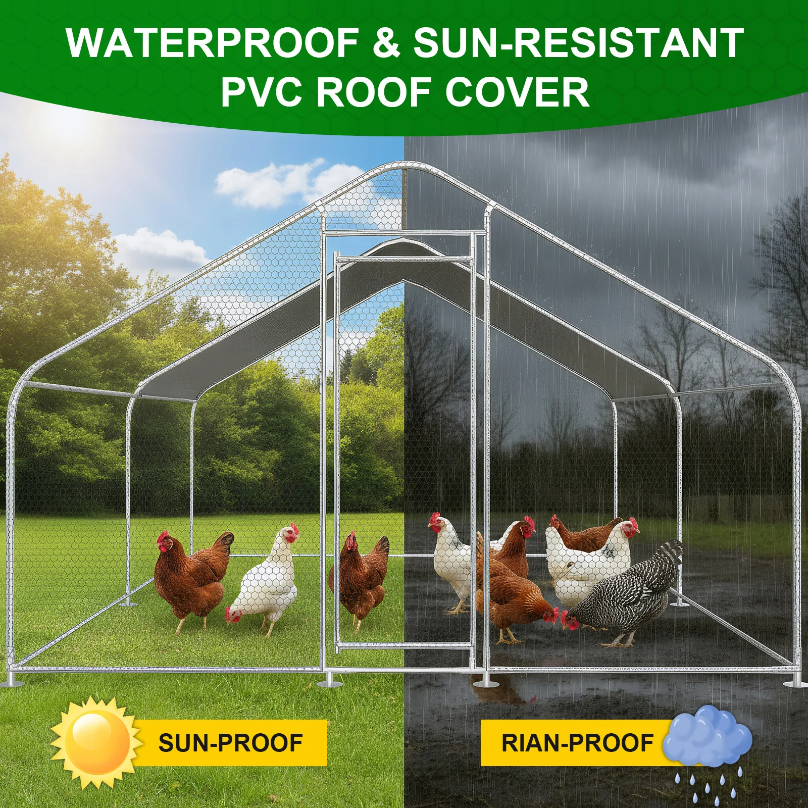 

9.84x13.12x6.56FT Large Chicken Coop with Cover Walk in Fence Cage Spire Shaped for Outdoor and Yard Farm Use