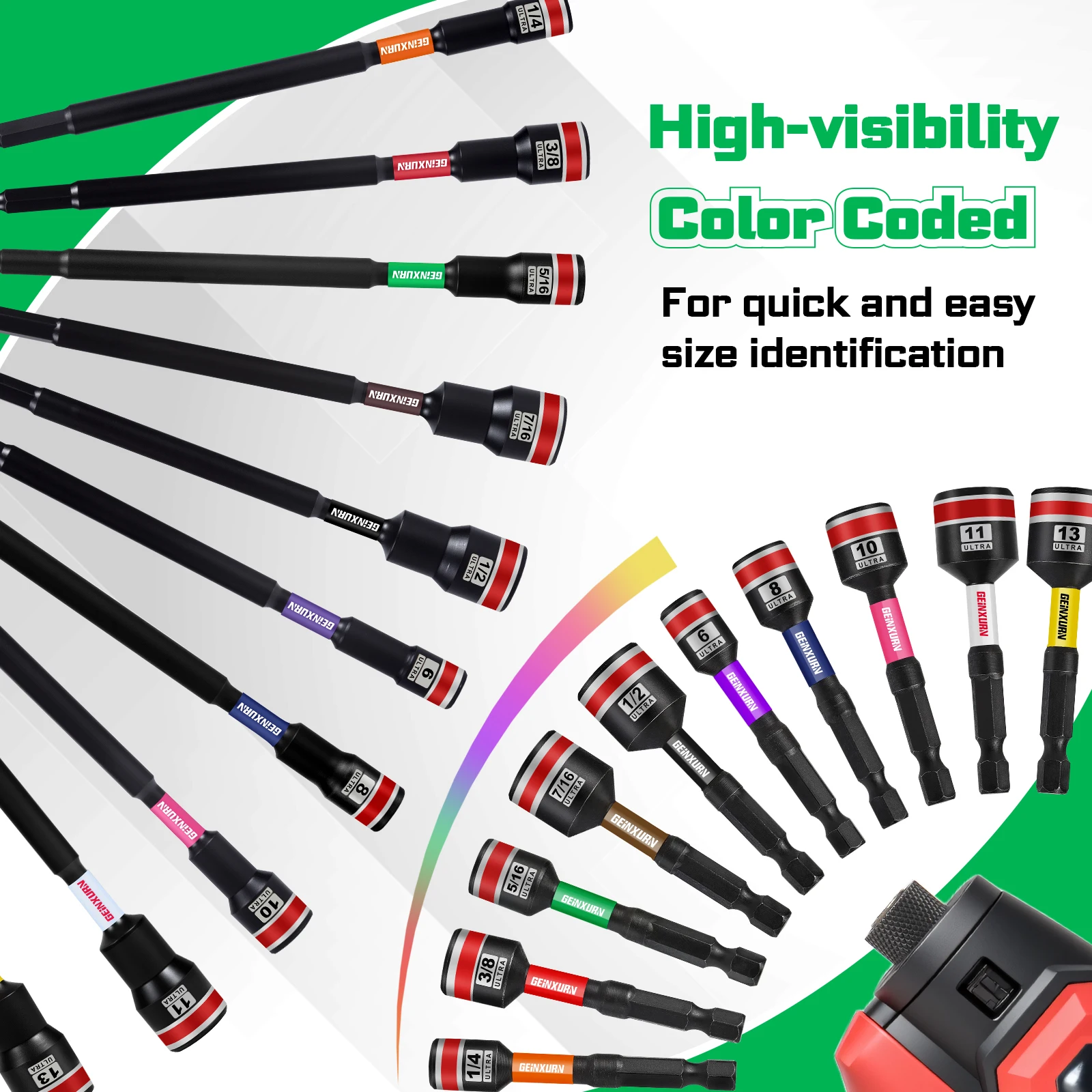 Geinxurn 2.6“/6" Nut Driver Set, Color Coded Strong Magnetic S2 Steel 1/4 Hex Shank Socket Bits Fit Drill Screwdriver For Repair - view 5
