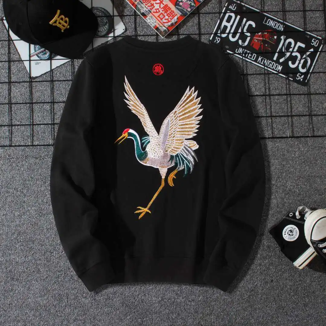 

Embroidery Crane Chinese Style Sweatshirt For Men O-Neck Casual Autumn Quality Cotton Pullovers Loose Fit Sudaderas Para Hombres