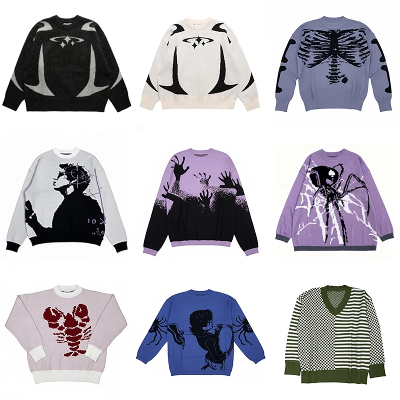 

Оверсайз Y2K трендовый узор, свитер с длинными рукавами и принтом темного ветра для мужчин и женщин, свободный свитер в стиле хип-хоп, пуловер