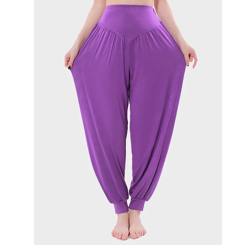 Vrouwen Harem Broek Modaal Katoen Hoge Taille Effen Lange Buikpaal Dans Boho Wijde Broek Joggingbroek Zwart Blauw Roze Pruim