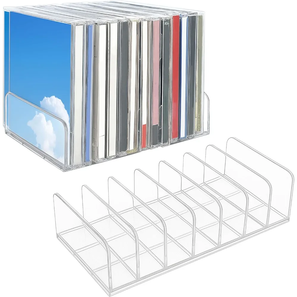 

CD Holder Stand Shelf Organizer, Holds Up To 14 Standard CD DVD, Clear Acrylic Vinyl Rack, Stackable Box/Tray/Cases for Record M