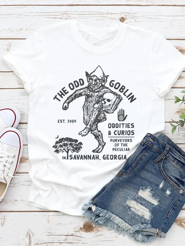 The Odd Goblim Slogan Women T-shirt Horror A Goblin with A Skull in His Hand Print Female Shirt 2024 New Voguish Casual Girl Tee