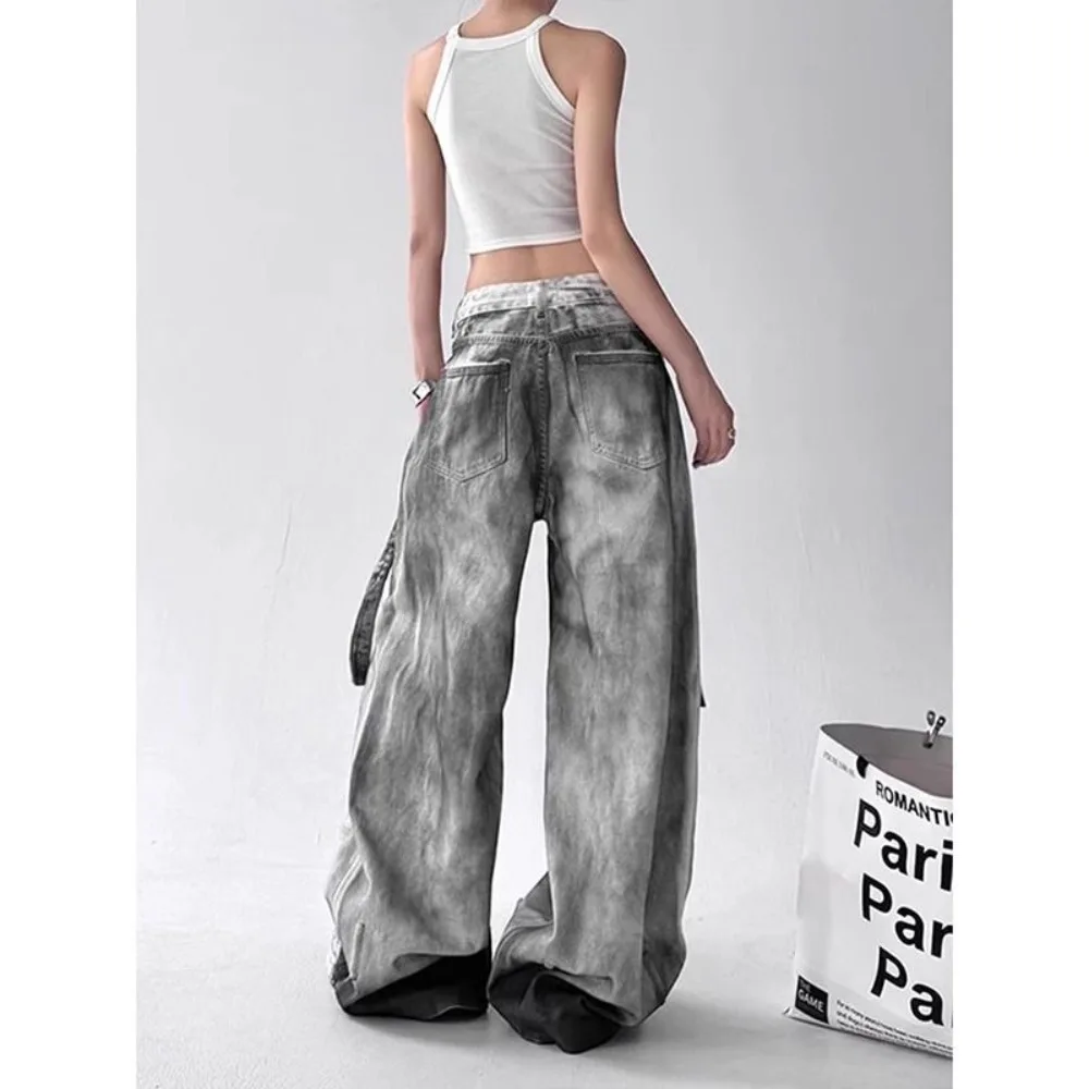 Twotwinstyle hit color solto emendado segurar jeans para mulheres cintura alta retalhos bolsos perna larga calça roupas femininas