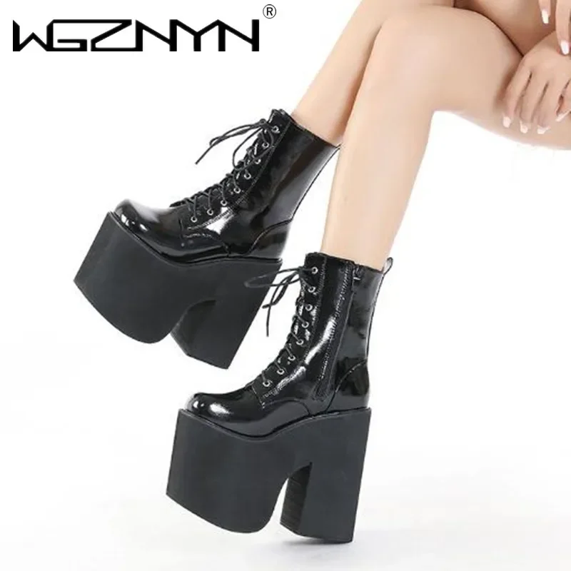 2025 High Platform Boots Women Goth Punk Chunky Heels Catwalk Combat Boots Lace Up Daughter Patent Booties Botas Mujer Plus Size