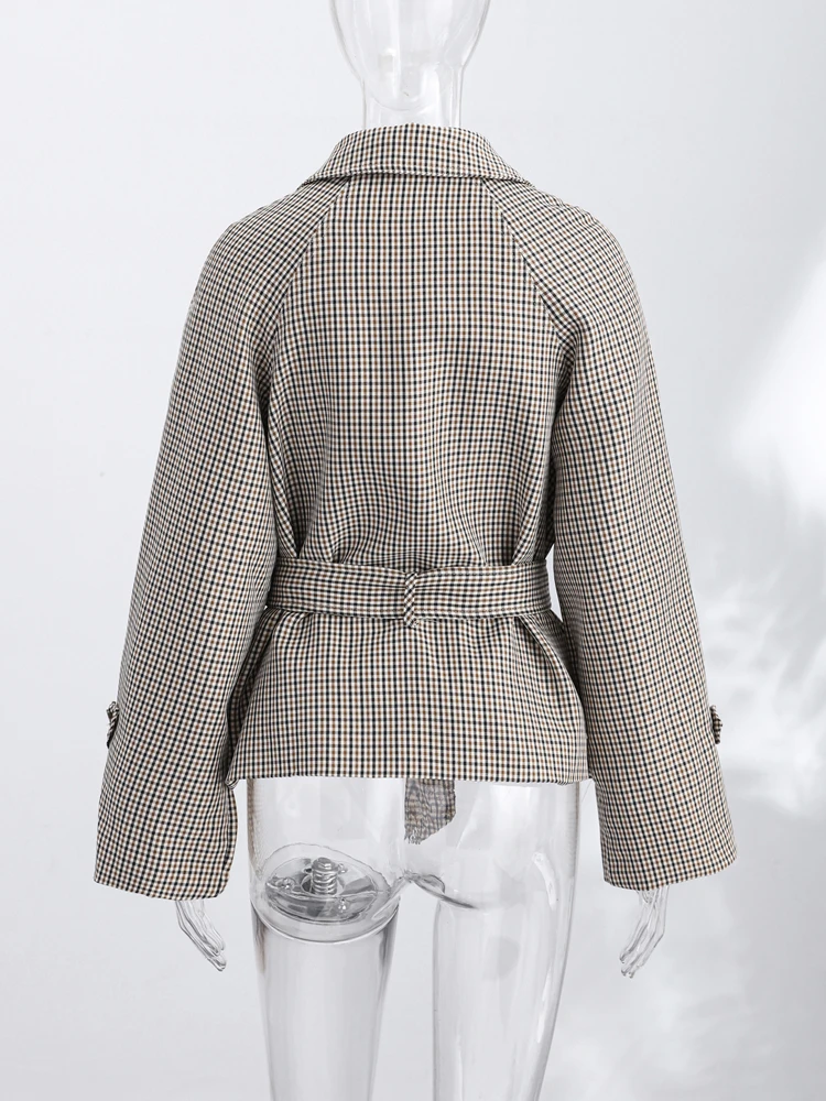 Plaid Windbreaker Grid Jacket Lapel Collar Double Breasted Trench Woman Coat Waist Tie Belt Long Sleeve Short Top Casual Clothes