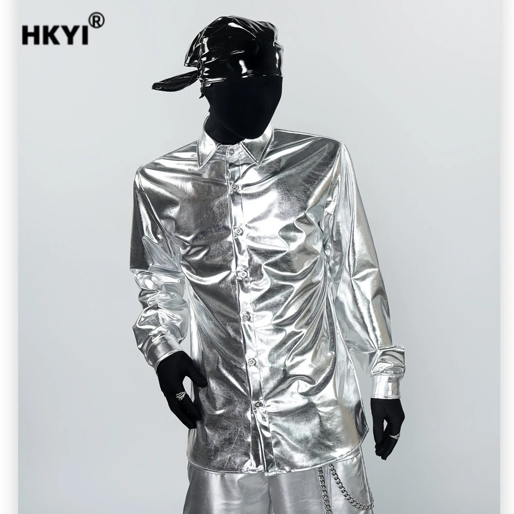 

Мужская рубашка с длинным рукавом High Street Liquid Silver для ночных клубов, сценических выступлений, механических танцевальных коллективов, авангардная базовая рубашка