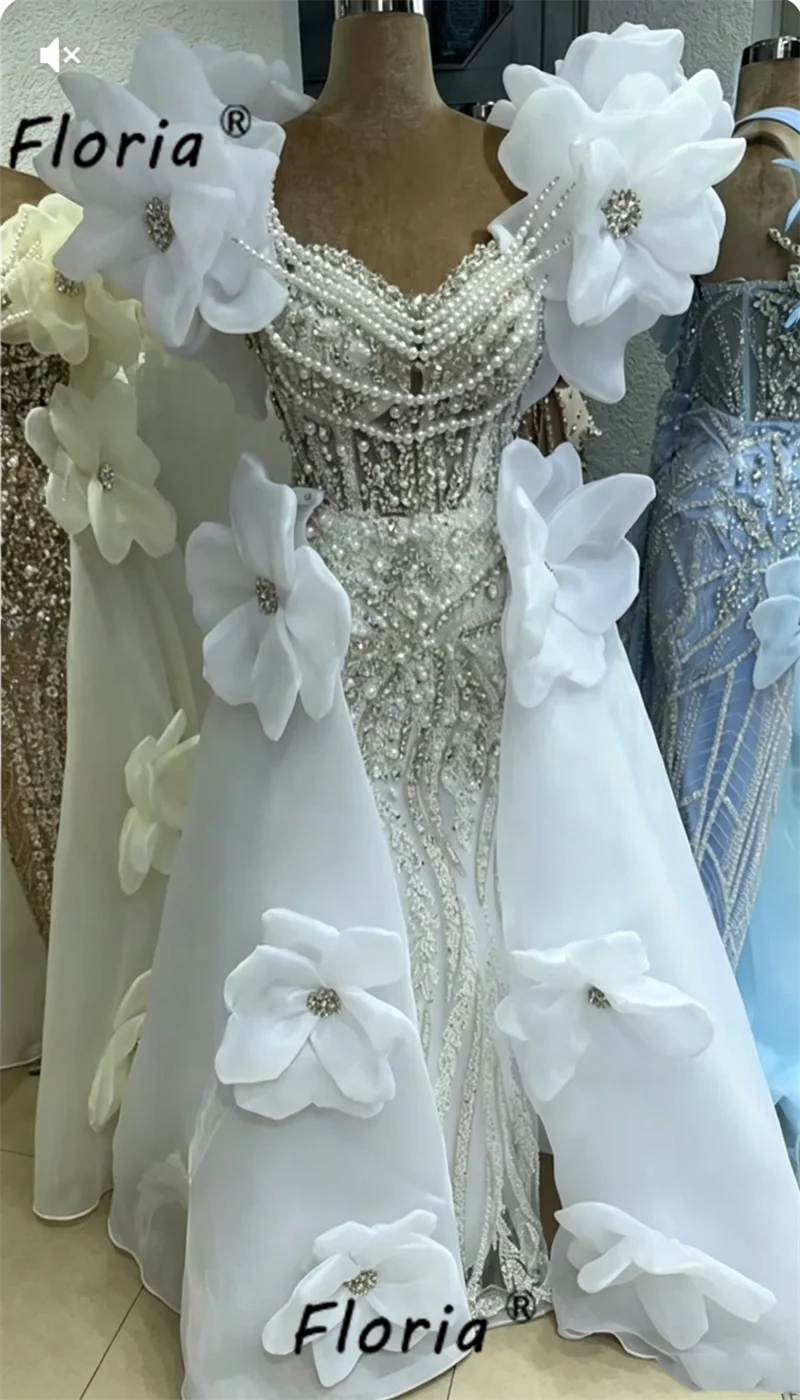 

Luxury White Mermaid Evening Dress Sparkly Pearls Crystal Formal Gown Flowers Organza Skirt for Women Wedding Party Customized