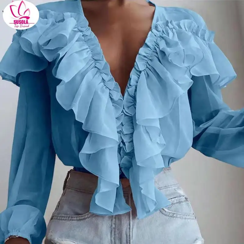 SUSOLA Women Blouses Lady Summer Ruffled Stylish Top Sexy V Neck Long Sleeve Shirt Female Casual Buttons Sweet Blusas