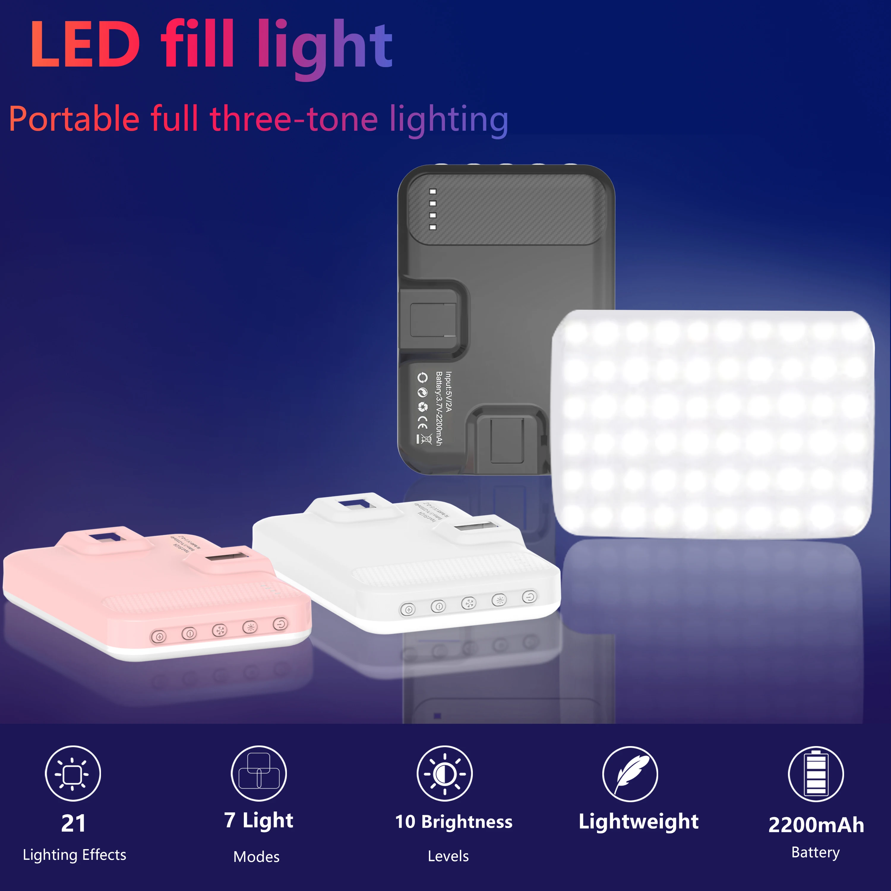 Luz recarregável LED selfie, 60 grânulos de LED, 2200mAh, CRI 97 +, 7 modos de luz, Clip portátil na luz para telefone, tablet, laptop, TikTok