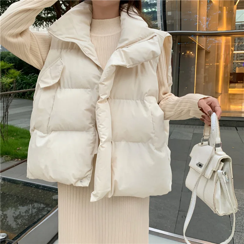 Korean Stand Collar Loose Waistcoat Women Winter Warm Cotton Padded Sleeveless Vest Quilted Jacket Coats Streetwear Outerwears