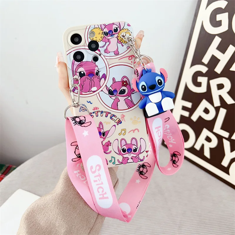 Ángel de punto de dibujos animados con colgante de cordón pareja funda de teléfono para iPhone 12 13 mini 11 14 15 16 Pro Max XS XR X 6s 7 8 Plus