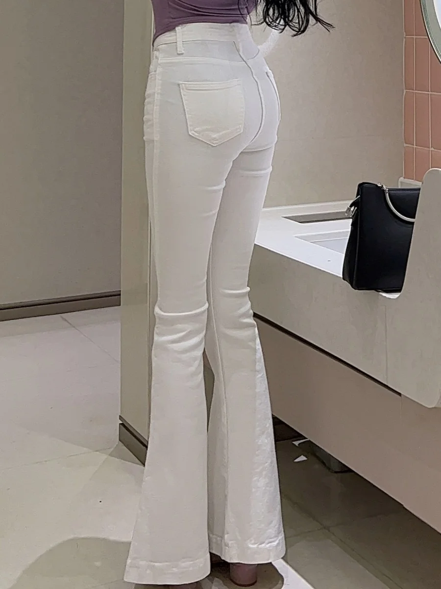 Pantalones Vaqueros Blancos de Cintura Alta, Elásticos y Ajustados, con Ligeramente Corte de Campana, para Mujer, Estilo Otoñ...