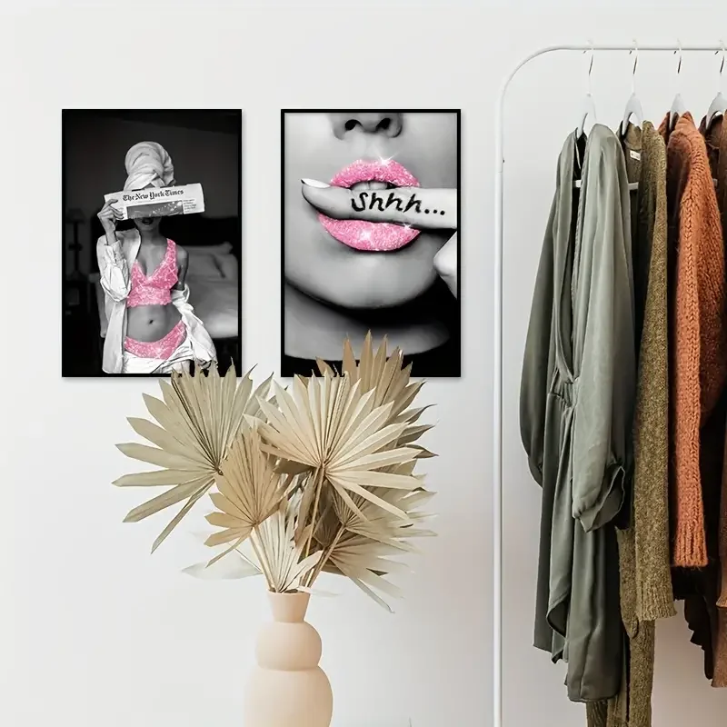 6 قطعة ملصق المرحاض بدون إطار موضة الوردي امرأة الحمام جدار ديكور يطبع بريق المناديل الورقية قماش الأسود والوردي جدار الفن #6