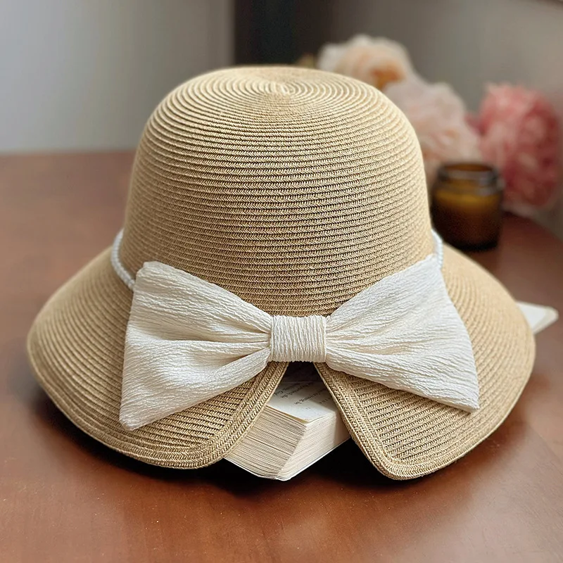 Summer Hat Straw Women Sun Protection Beach Accessory Pearl Foldable Panama Big Brim Cap For Holiday Outdoor