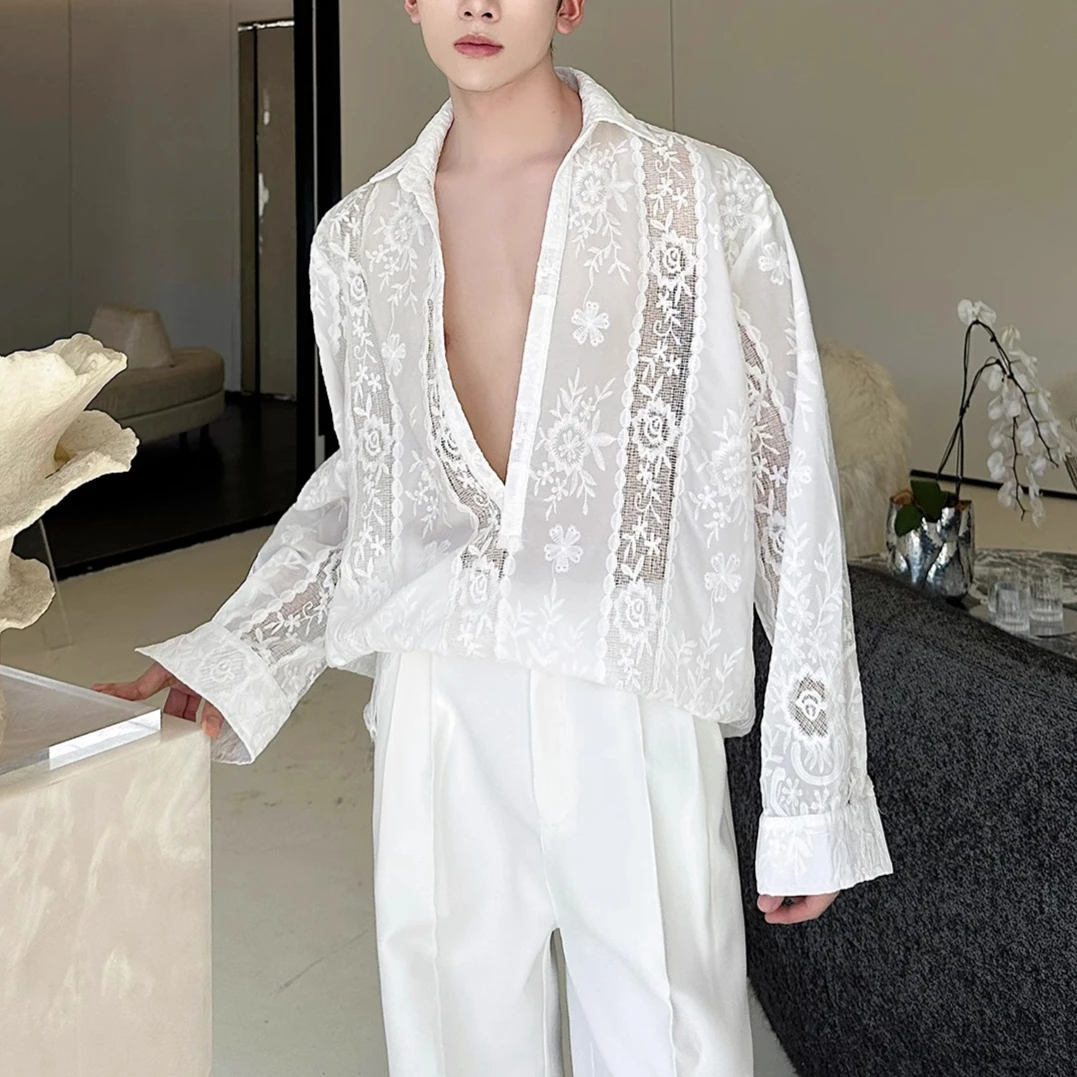 French Hollow Embroidery Lace Flower V-neck Long Sleeved Shirt Men Loose Sexy Streetwear Nightclub Stage Performance Shirts 2025