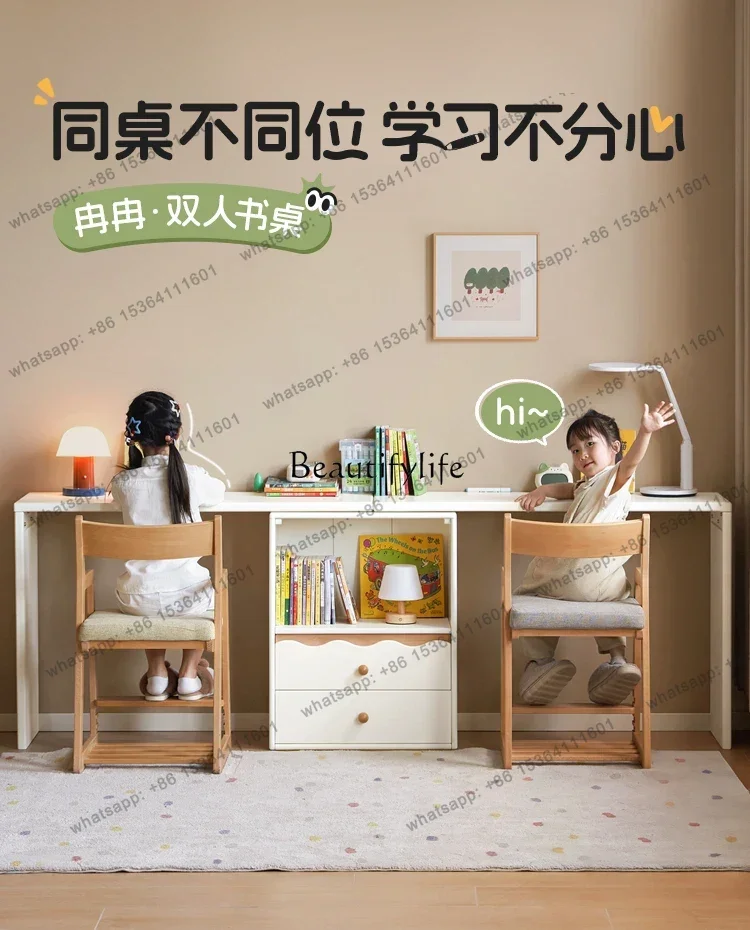 

X4 Solid Wood Desk and Bookshelf Combination Study Desk Cream Style for Two People
