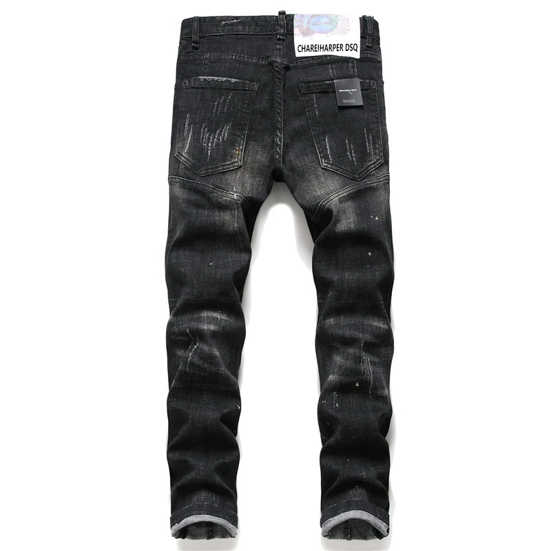 Chareiharper Dsq Heren Jeans Straight Fit Elastisch Katoen Zwart Verf Wassen Water Traan Proces Italiaans Design Jeans 1062 Heren