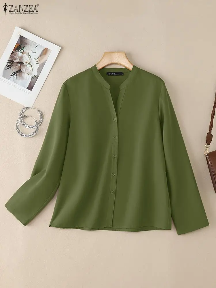 قميص ZANZEA للسيدات للخريف 2025 بلوزات غير رسمية بياقة على شكل V وأكمام طويلة أنيقة متينة OL بلوزة عمل بأزرار غير رسمية حتى بلوزات تونك نسائية