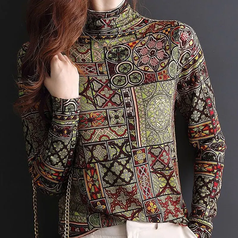 Female Clothing Folk Printed T-shirt Spring Autumn Patchwork Contrasting Colors Stylish Half High Collar Long Sleeve Pullovers