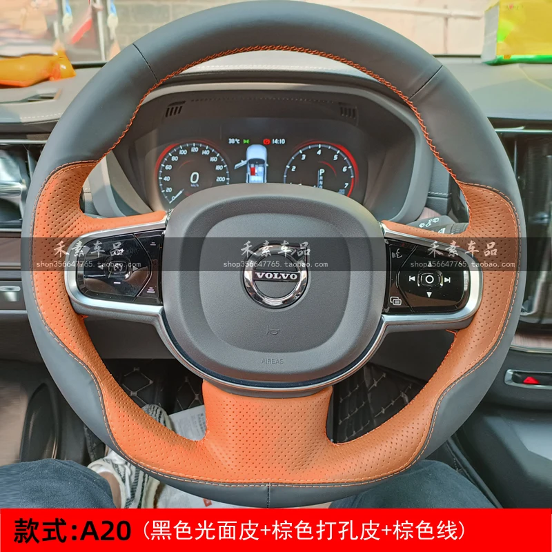 Hand-Stitched non-slip black white Genuine Leather car Steering Wheel Cover for Volvo V90 2016-2019 XC90 S90 2015-2019