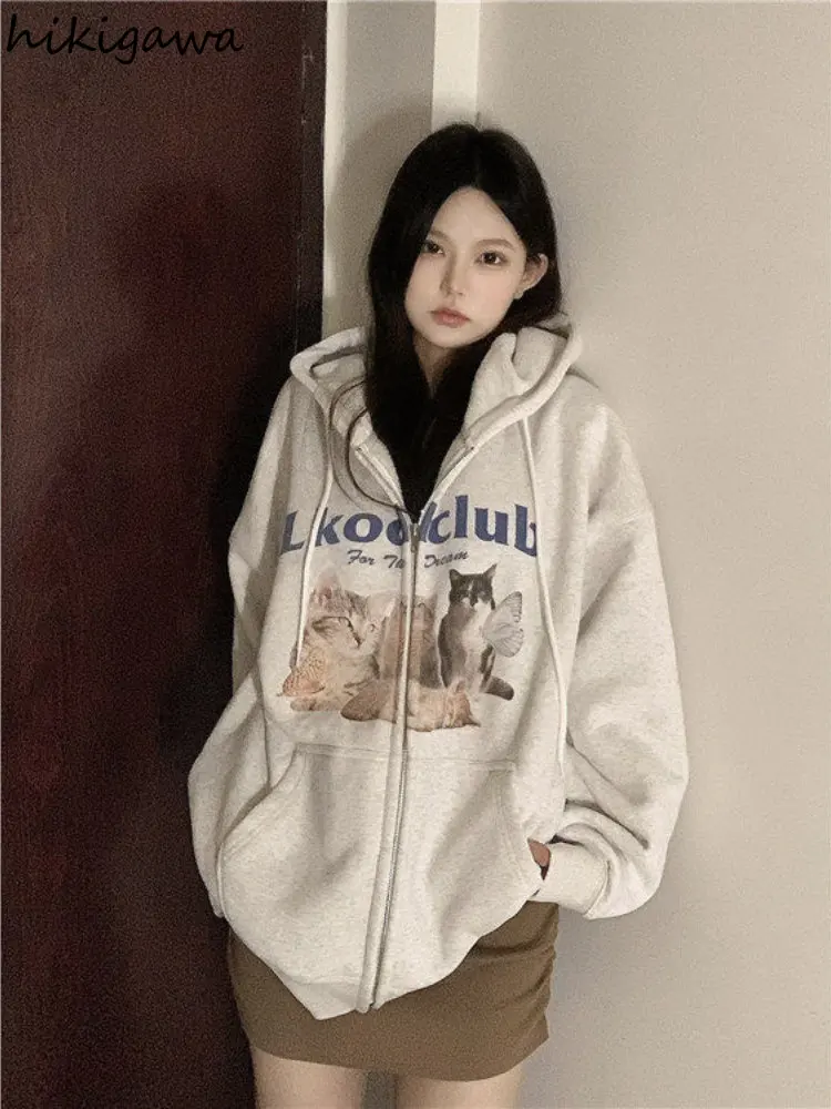 Harajuku Hoodie Women Clothing Cat Print Long Sleeve Zipper Jackets 2023 Ropa Mujer Thicked Fashion Casual Hooned Y2k Sweatshirt