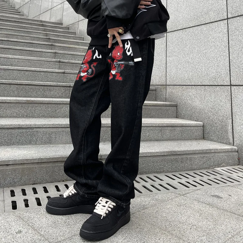 

Streetwear Clothes Y2K Emo Men Women Harajuku Cartoon Straight Alt Denim Washed Grunge Trousers Ripped Jeans Baggy Jean Pants