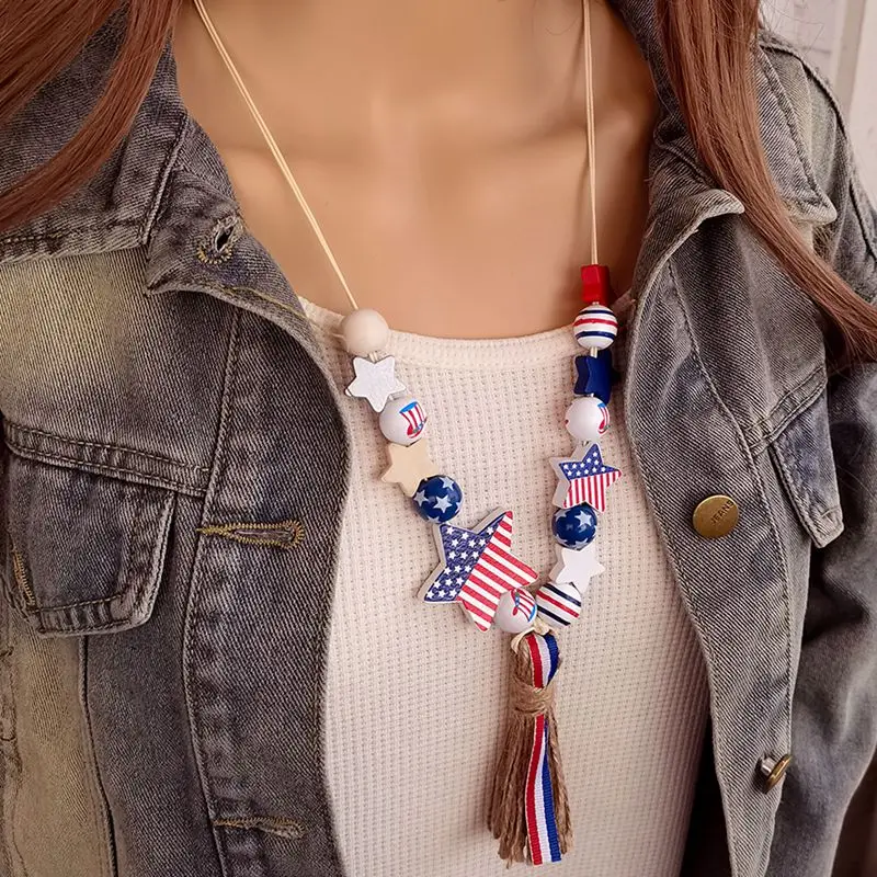 Wooden Star Tassel Pendants Necklaces USA  America Flag Uncle Sam Long Necklace for Women Independence Day Wear Fashion Jewelry