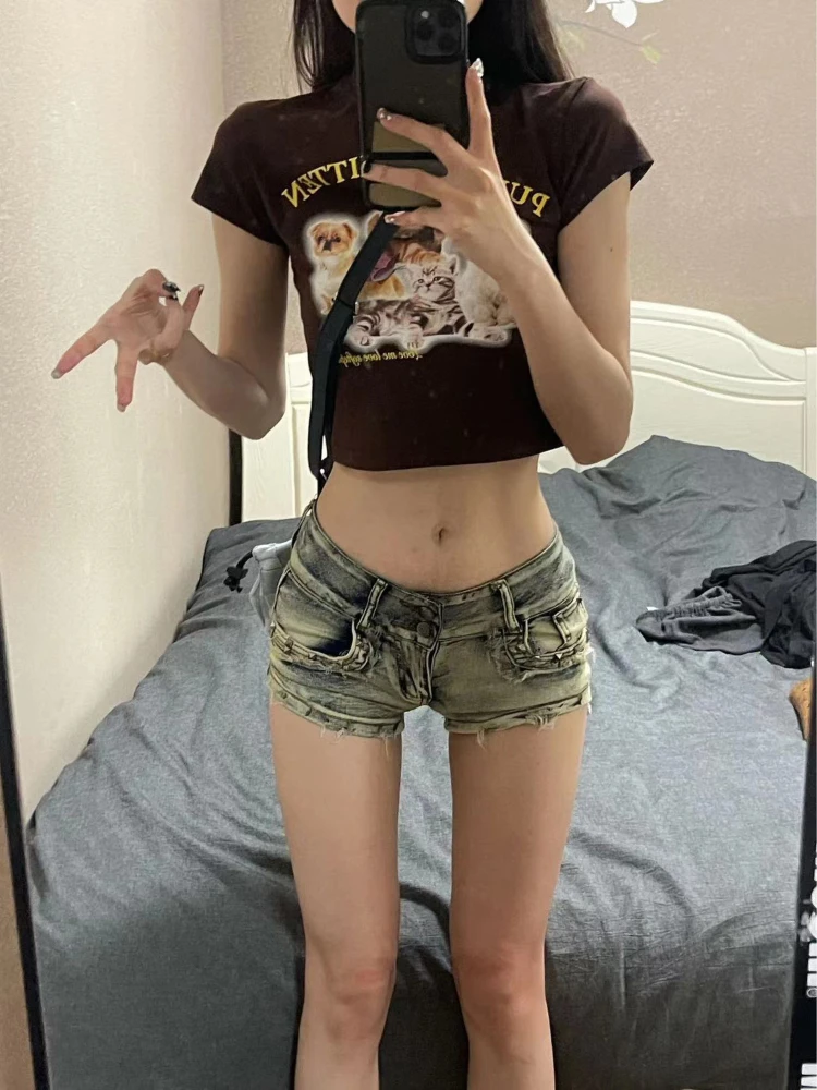 Szorty Damskie Y2k Punk Styl Amerykański Sexy Nit Vintage Denim Moda Gotyk Klub Odzież Kieszenie Niska Talia Retro Lato Estetyka