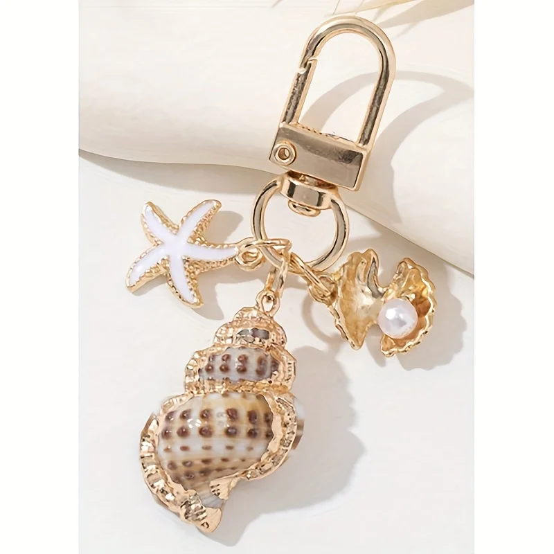 3pcs Beach Theme Shell & Starfish Keychain with Imitation Imitation Pearl - Golden-Tone Clasp, Durable Metal Key Ring for Women'