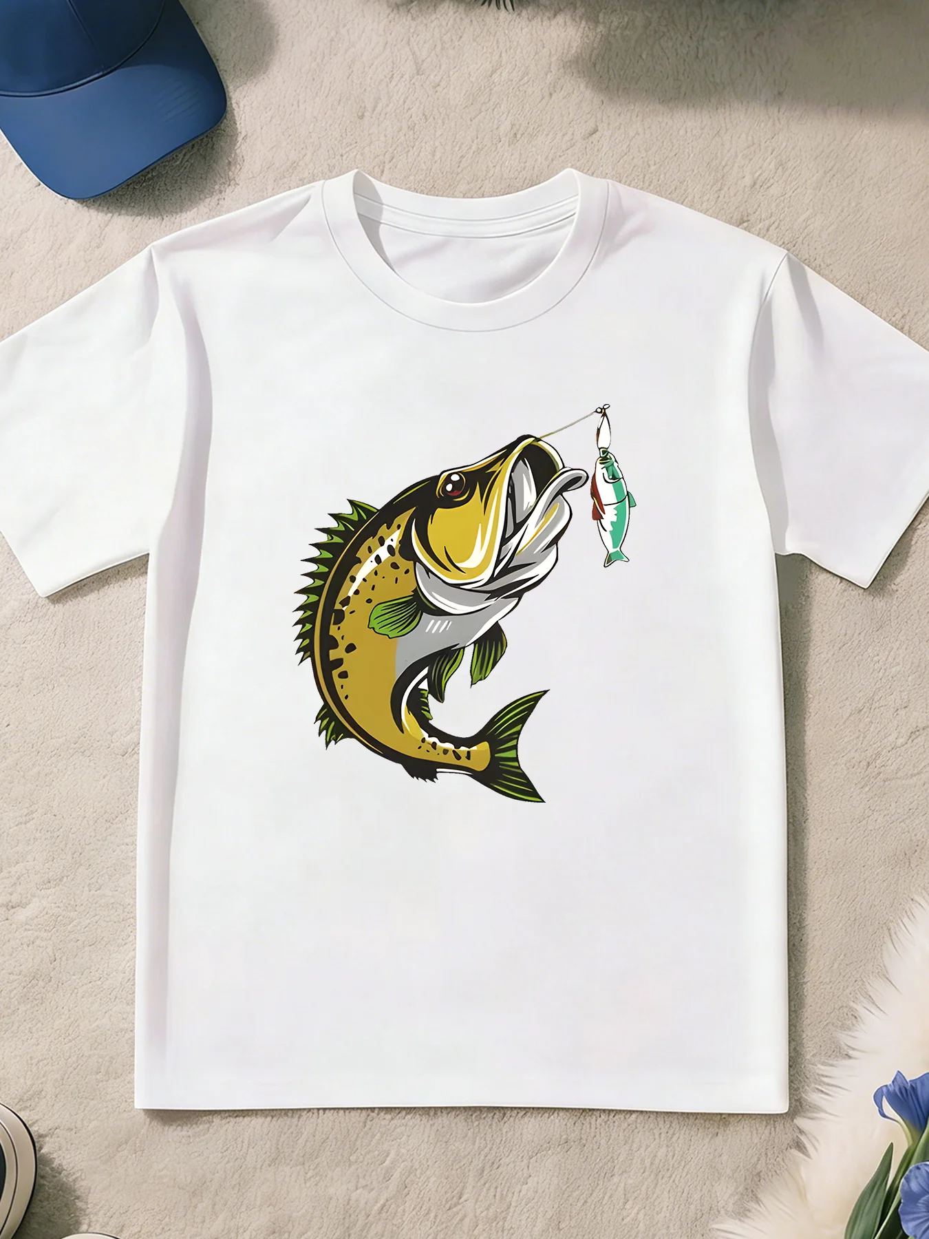 Largemouth Bass Fish Fishing Lure Cartoon Print T Shirt Boys Girls Fishing Short Sleeve Tee Family Matching Kids Cotton Tops