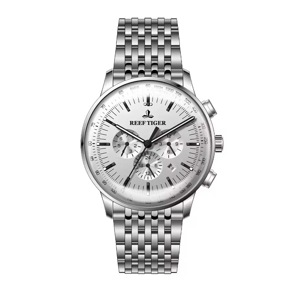 Reef Tiger Men Automatic Watch 42mm Mechanical Wristwatch 50M Waterproof Luminous Sapphire Multi-Dial Month Week Date 24 Hours