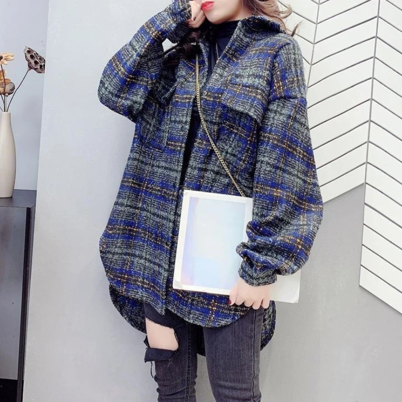 

Trendy Women Fluffy Plaid Shirt Thick Brushed Wool Blend Coat Loose Fit Long Sleeve Autumn Winter Casual Outerwear