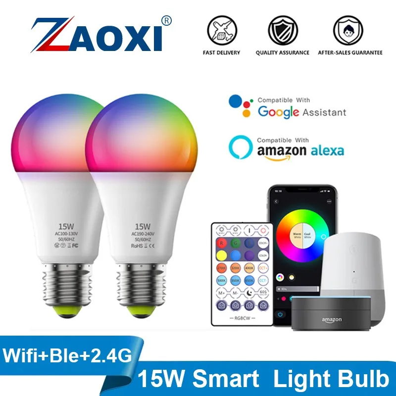 

ZAOXI 15W E26 Smart WiFi Bluetooth Remote Control RGB Bulb Google Assistant Alexa Home Dimmable 2700K~6500K LED Light Bulbs