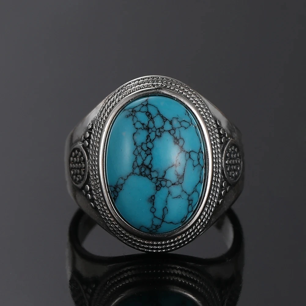 Natural 10x14MM Oval Turquoise Rings Sterling Silver Ring for Men Women Luxury Vintage Fine Jewelry Anniversary Party Gift