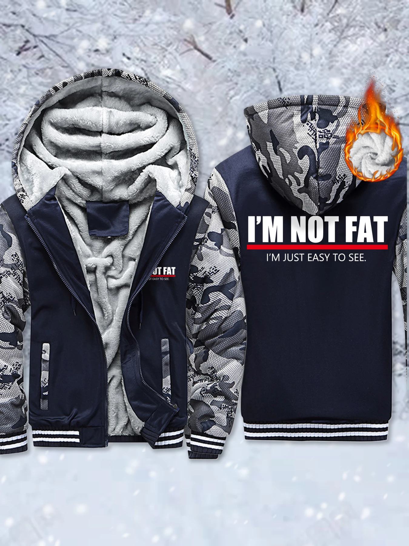 

I'M Not Fat I'M Just Easy To See Funny Print Man Fleece Jackets Zip-Up Comfy Coat Winter Thicken Outwear Warm Basics Veste