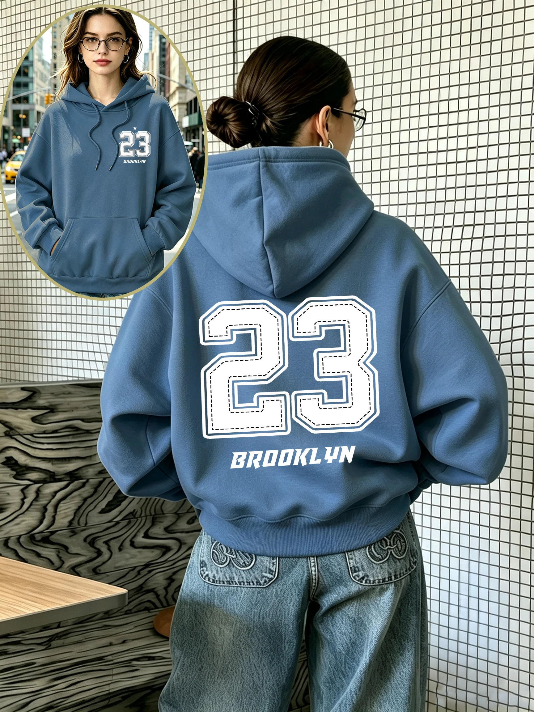 Brooklyn Number 67 And Stars Print Hoody Women Loose Pocket Hoodies Multicolor Autumn Pullover All-Match Fleece Streetwear