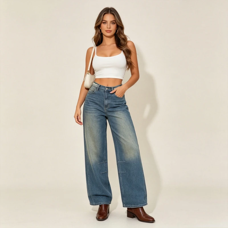 

Wide Leg Pants Jeans Women Loose Trousers Denims Lace Up Distressed Washed Vintage Streetwear Mid Waist Female Full Length
