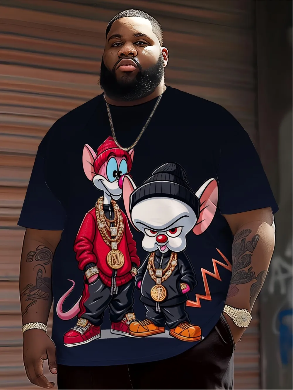 Men's Hip Hop Cartoon Animal Printed Round Neck T-shirt 100% Polyester Fabric Summer Street Top Suitable for Daily Wearing