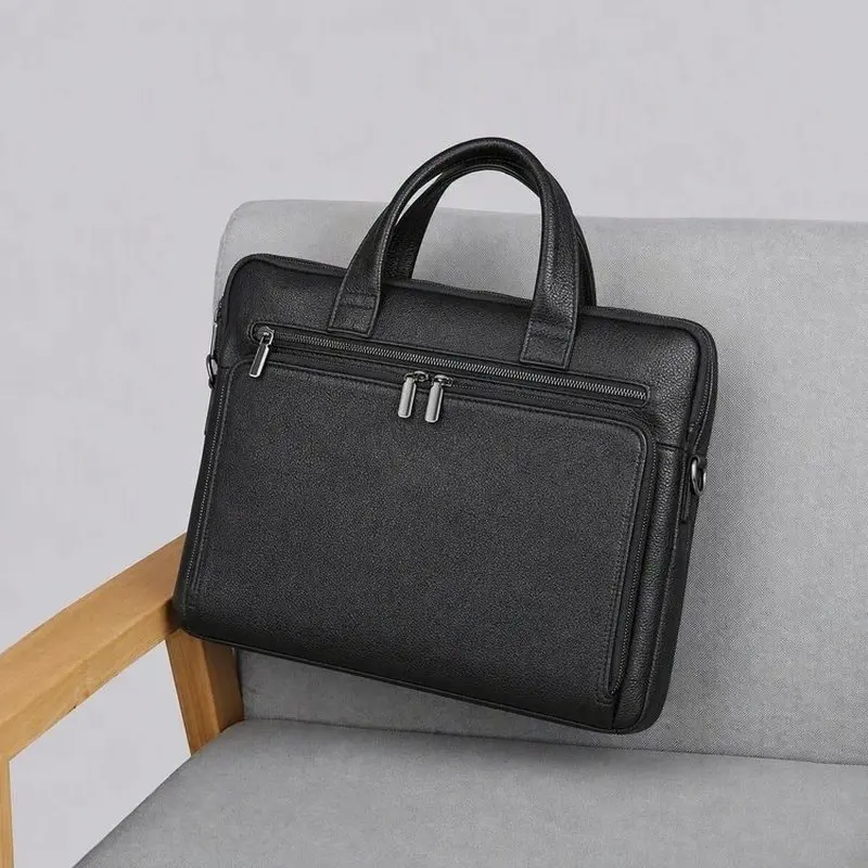 2026 new Genuine Leather Briefcase Men Bag Business cowhide double zipper Handbag Male Laptop Shoulder Bags Black Tote