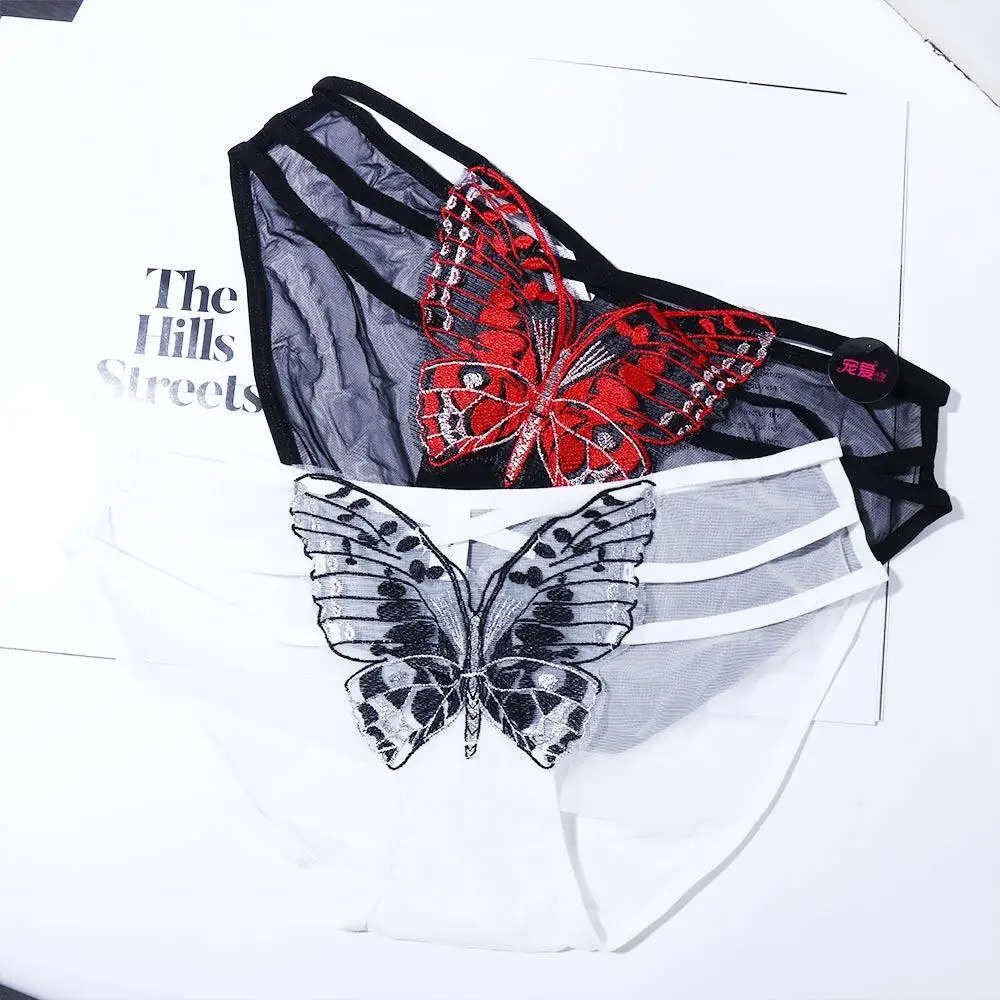 Breathable Elastic Thin Belt Peach Hip Mesh Cross Lace Briefs Butterfly Embroidery Panties Hollow Women Intimates