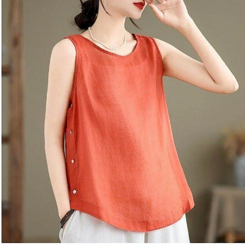 Cotton Linen Vests for Women Summer Thin New Korean Style Casual Loose Outerwear Tanks O-neck Sleeveless T-shirts Women Clothing