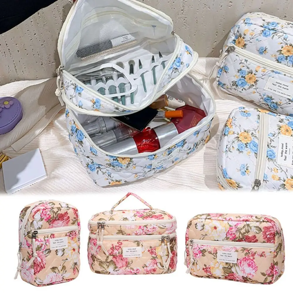 Trousse de toilette portable à imprimé floral, sac cosmétique, rangement souple, grande capacité, trousse de maquillage en coton