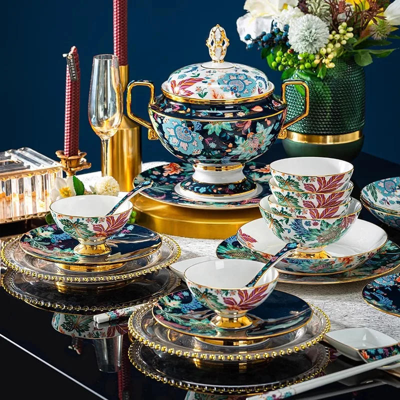 Ceramic tableware set Chinese bowls and plates Household bone high-end plates and dishes gift combination