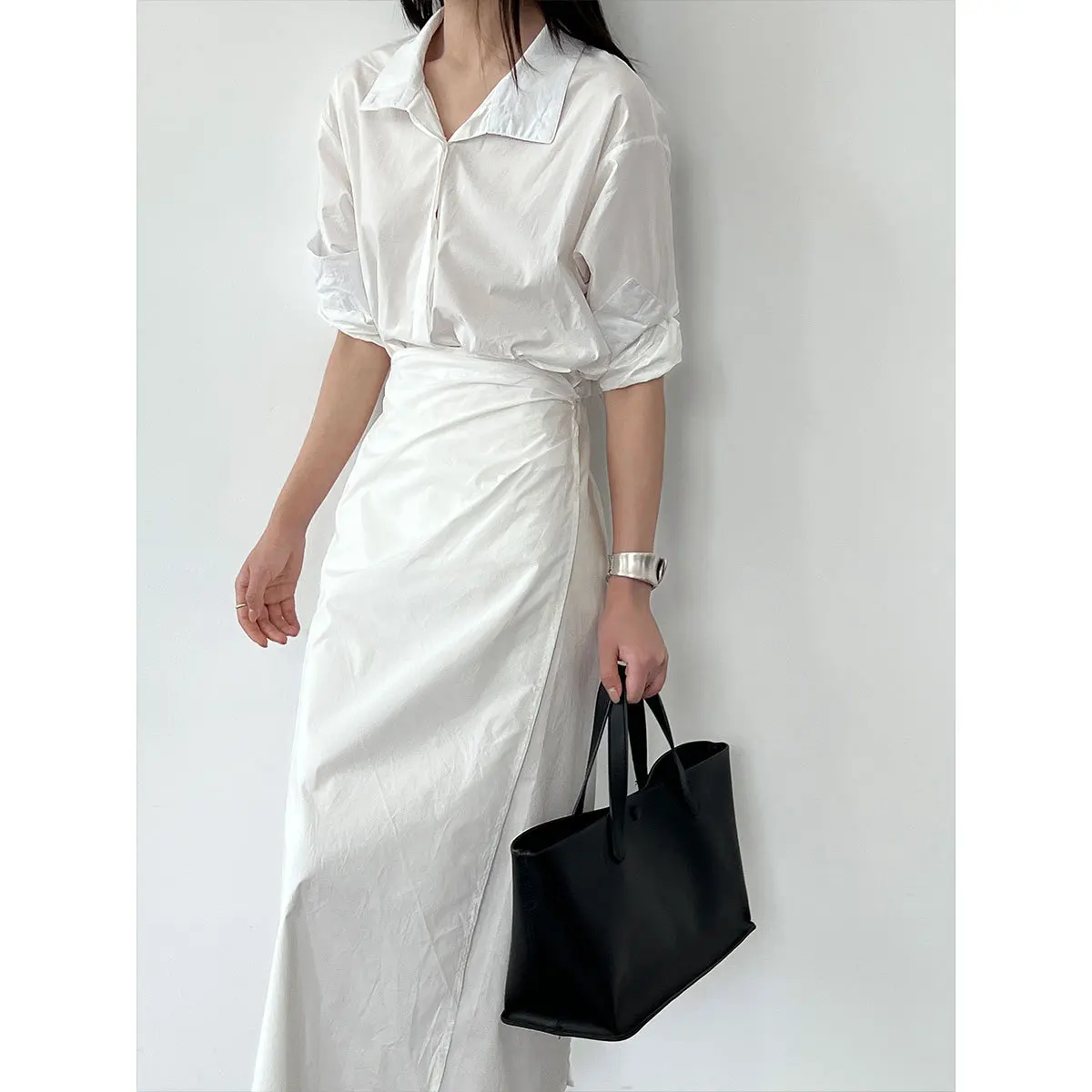 Korean Version Of The Design Sense Lace-up V-neck Waist Dress Women's Summer New Thin Shirt Long Skirt