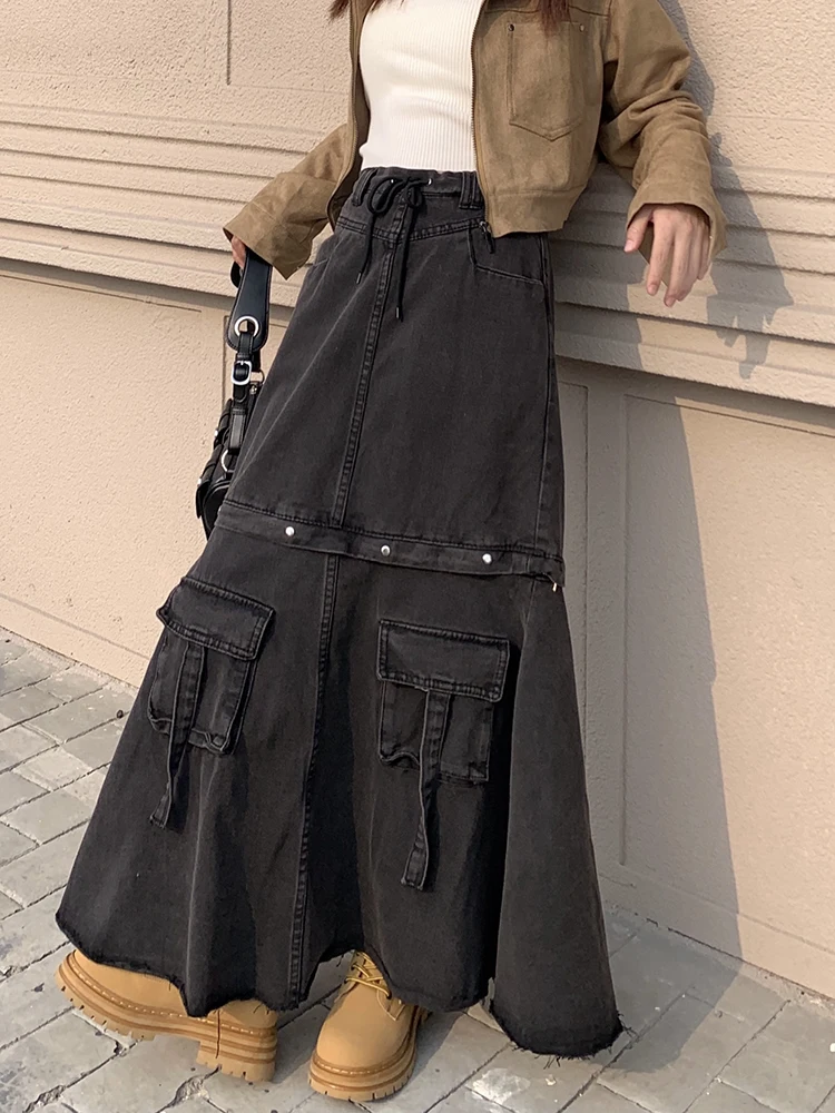 Vintage Detachable Hot Girls Women's High Waist Mid-Length Skirts A-Line Fashion Y2K Maxi Skirts Girls Cargo Skirts with Pocket